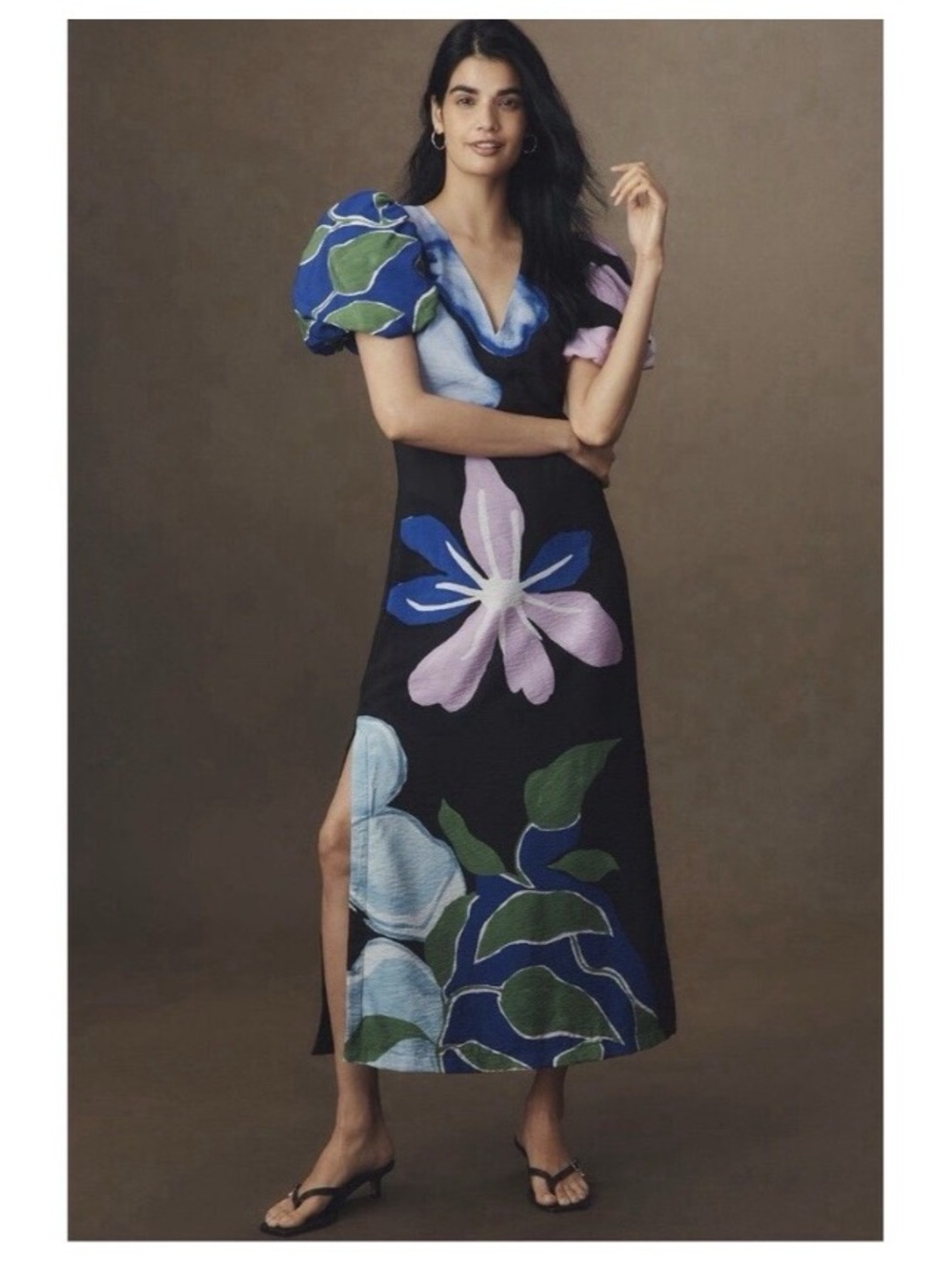 Black Floral Midi Dress with Puff Sleeve Anthropologie